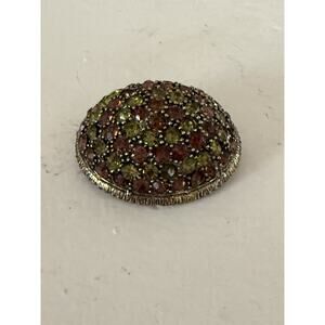 Vintage Signed Hattie Carnegie Domed Rhinestone Brooch Green Amber Gold Tone